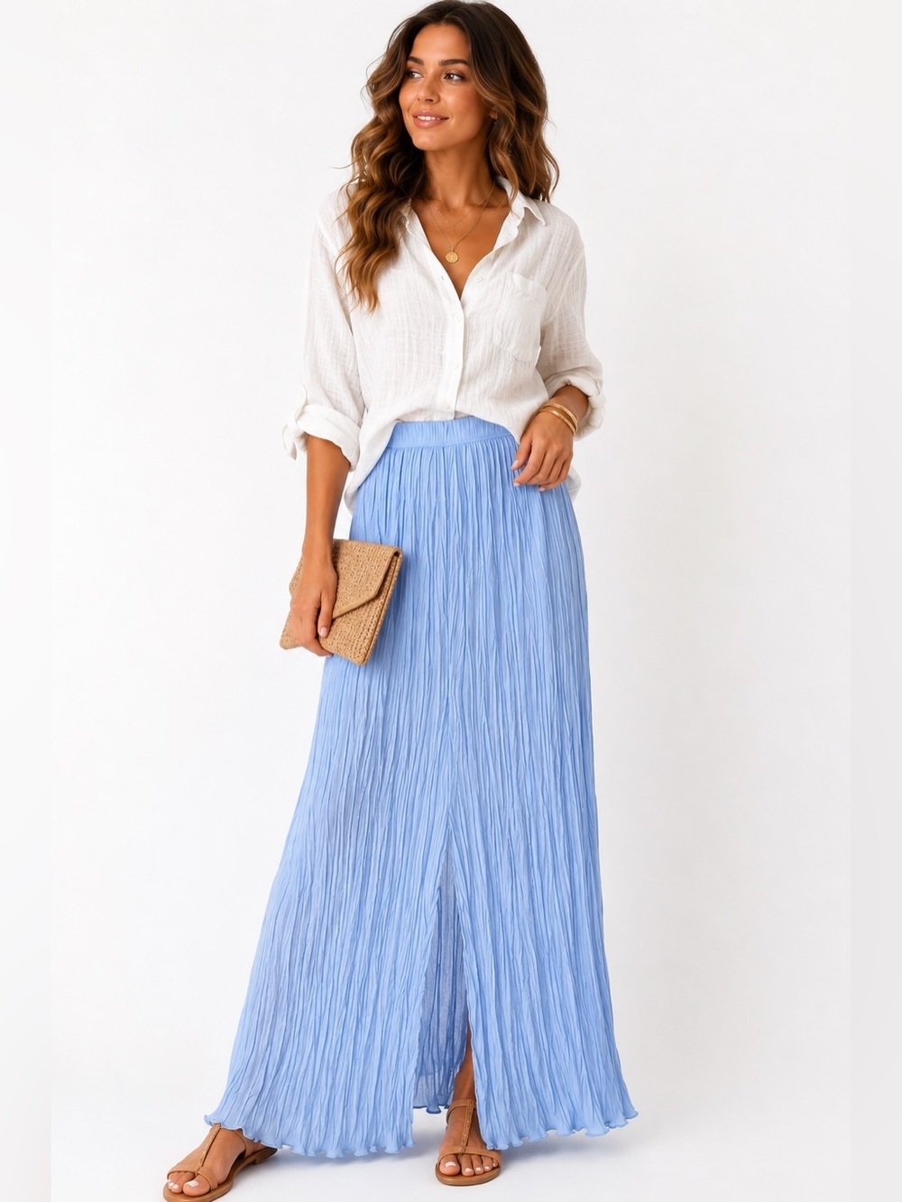 LAAGAM Blue Crinkle Pleated Maxi Skirt XS Made in Barcelona